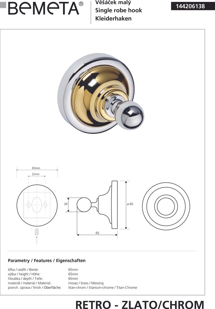 Bemeta Design RETRO gold-chrom: Háčik - 144206138