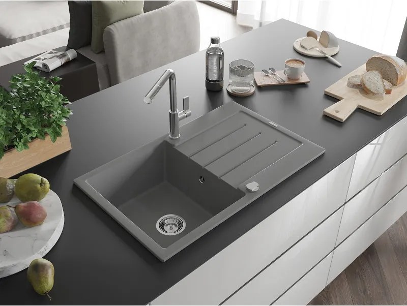 Mexen Bruno, 1-komorový granitový drez 795x495x200 mm a drezová batéria Flora, šedá, 6513-71-670401-00