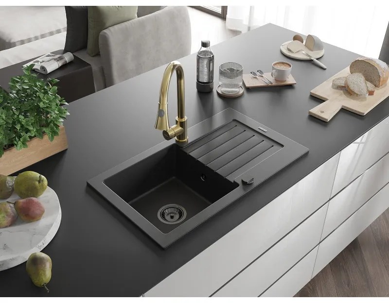 Mexen Pablo, 1-komorový granitový drez 752x436x161 mm a drezová batéria Elia, čierna, 6510-77-670101-50-B