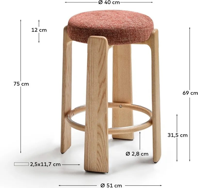 Barová stolička z jaseňového dreva v terakotovej farbe/v tmavo prírodnej farbe (výška sedadla 75 cm) Granite – Kave Home