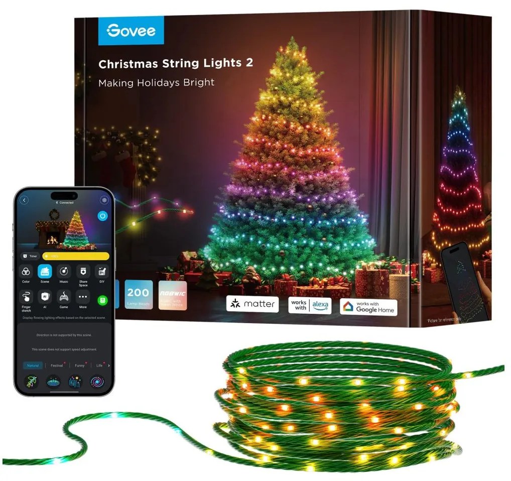 Govee - LED RGBICW Vonkajšia vianočná reťaz 2700-6500K 20m Wi-Fi Matter IP66