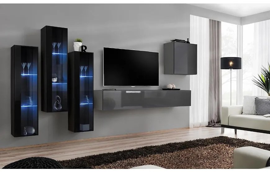 Obývacia stena Switch Sklo +LED XIII čierna /Grafit