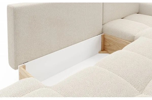 Rozkladacia rohová čalúnená sedacia súprava s úložným priestorom do tvaru L ALMADA pravé prevedenie svetlobéžová