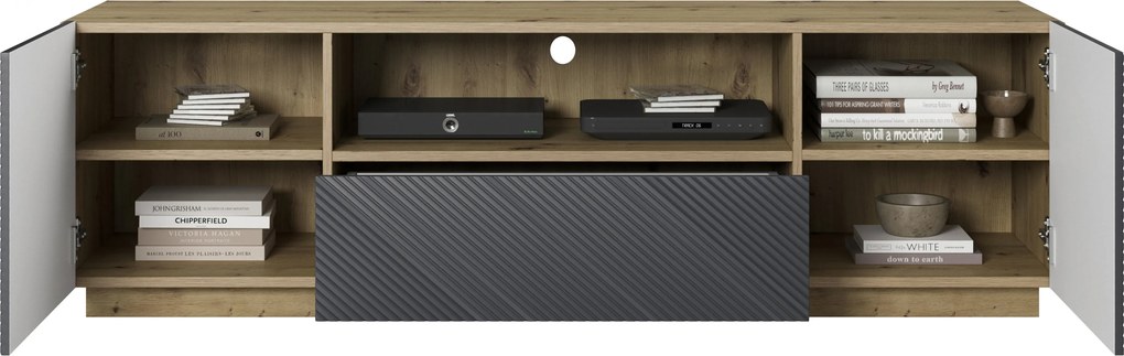 RTV skrinka s zásuvkou Asha 167 cm - dub artisan / matný riviera kameň