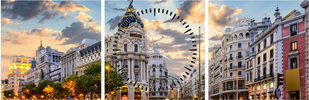 Obraz - Calle Gran Vía, Madrid, Španielsko (s hodinami) (90x30 cm)