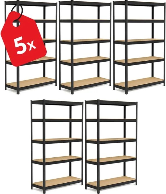 Akcia 5x Regál 180x120x30 cm lakovaný 5-policový, nosnosť 875 kg - čierny