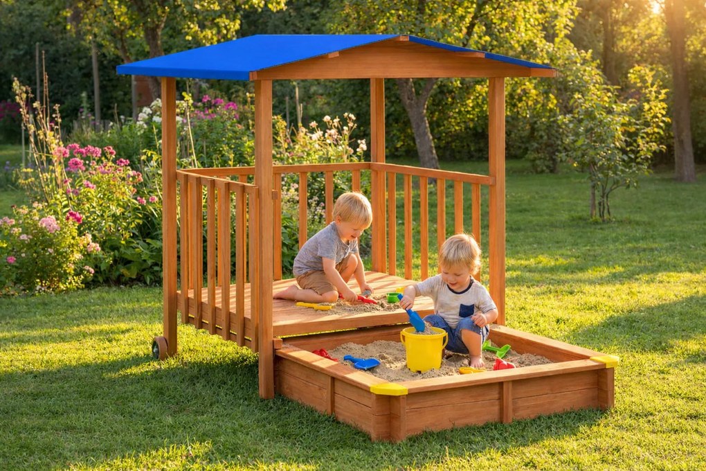 Pieskovisko s verandou SUNNY, 130x130x143cm, hnedá/modrá Jurhan