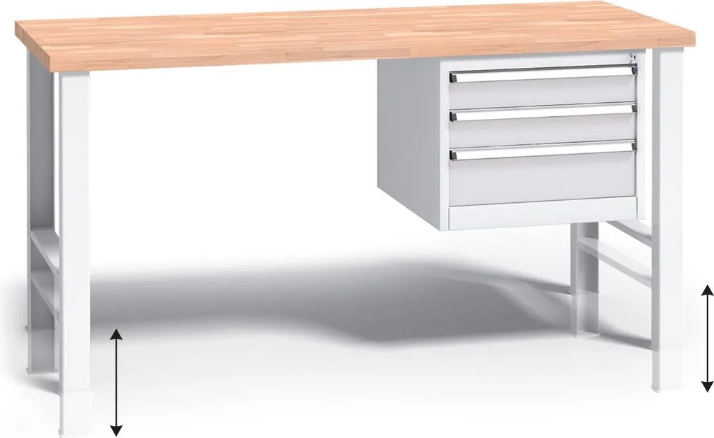 Výškovo nastaviteľný pracovný stôl do dielne G3 so závesným boxom na náradie, buková škárovka, 3 zásuvky, 1500 x 685 x 840 - 1050 mm, sivá