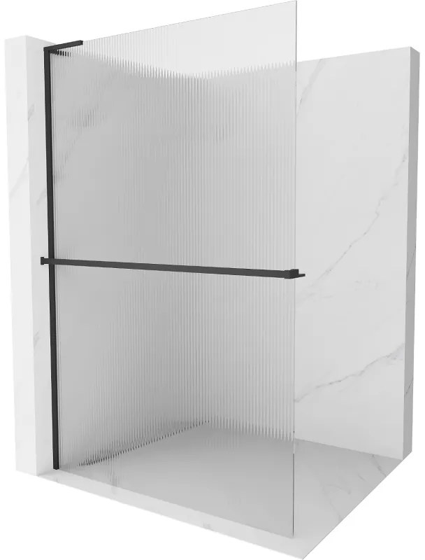 Mexen Kioto+ L, sprchová zástena Walk-In s poličkou a vešiakom 90 x 200 cm, 8mm sklo s rebrovým vzorom, čierny profil, 800-090-123-70-09