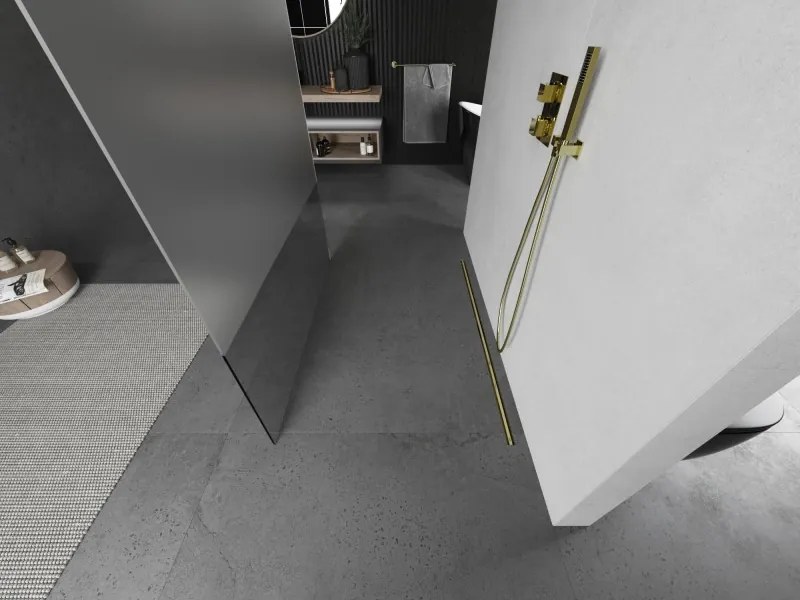 Mexen Kioto, sprchová zástena Walk-In 100 x 200 cm, 8mm číre sklo-námraza, zlatý matný profil, 800-100-002-55-35