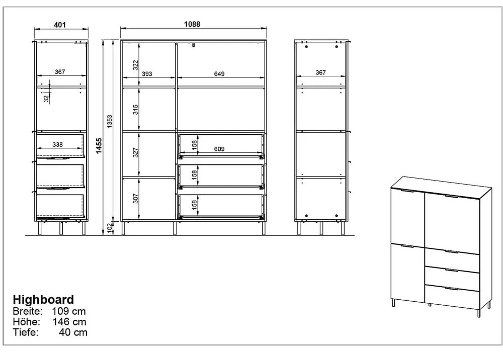 Sivá vysoká komoda v dekore duba 109x146 cm California - Germania