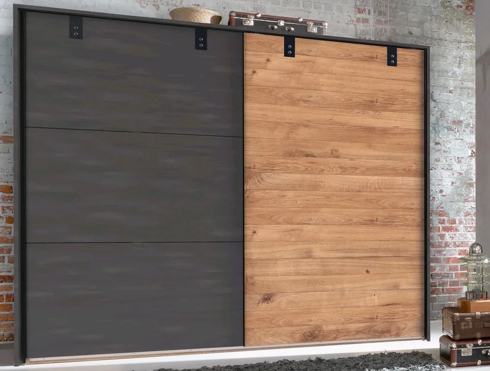 Šatník s posuvnými dverami Detroit, 250 cm, doskový dub / antracitová oceľ