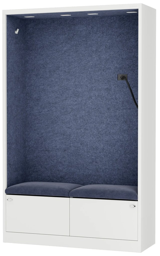 Kancelárska akustická kabína so sedadlom a portom USB-C, telo v biely / sedák tmavomodrá v zelenej farbe, 1150 mm: SALLY MentalBox