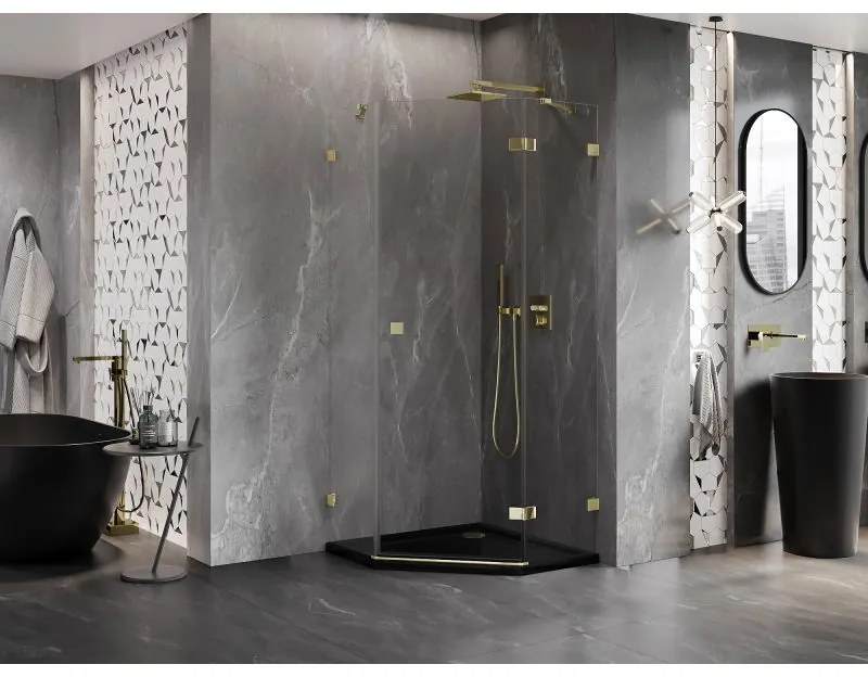 Mexen Lunar, výklopný päťuholníkový sprchový kút pravý 100 x 100 cm, 8mm číre sklo, zlatý profil, 831-100P-100L-50-00-P