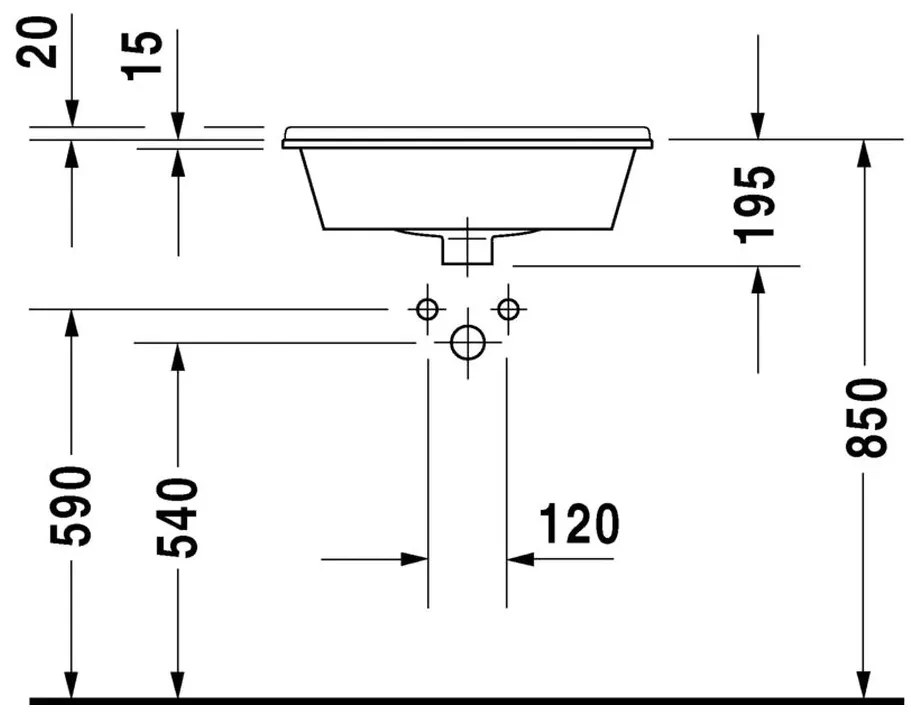 Duravit Starck 3 - Vstavané umývadlo 560x465 mm, 1 otvor pre batériu prepichnutý, biela 0302560000