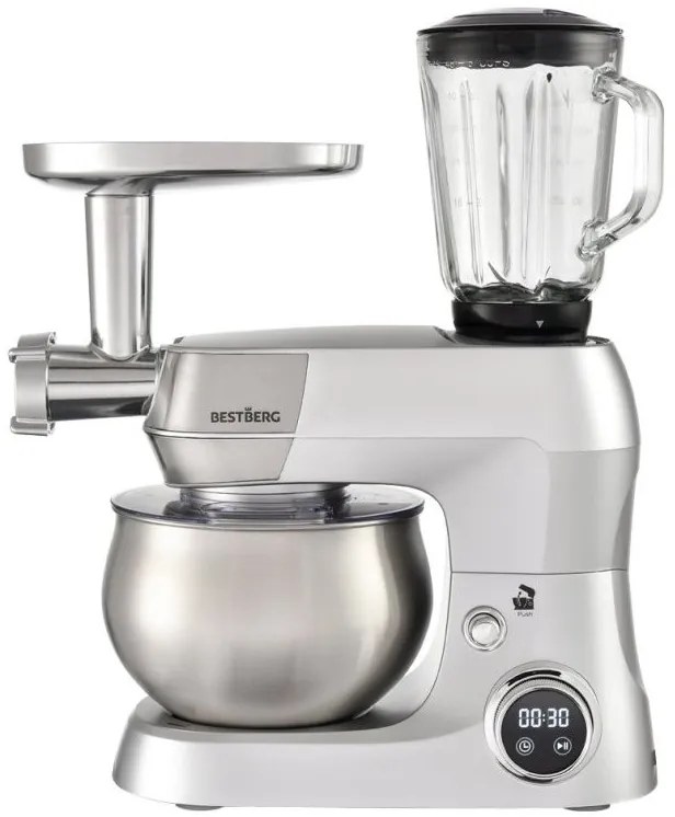 MEGAKOMBO Multifunkčný kuchynský robot BestBerg BBR-1900S + 15dielna sada nerezových hrncov a nepriľnavých panvíc BestBerg BBSC-15 / strieborná