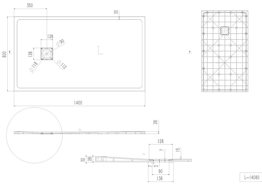 Erga Hyper, SMC sprchová vanička 140x80x2,6 cm + sifón, biela matná, ERG-V06-SMC-8014S-WH