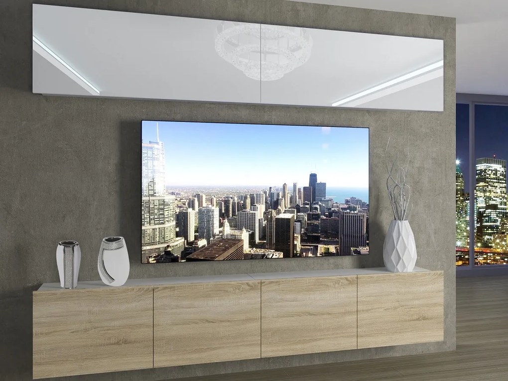 Obývacia stena 200 cm Belini biely lesk / dub sonoma Imperium6 IMP 6/5/W/WDS/0/0