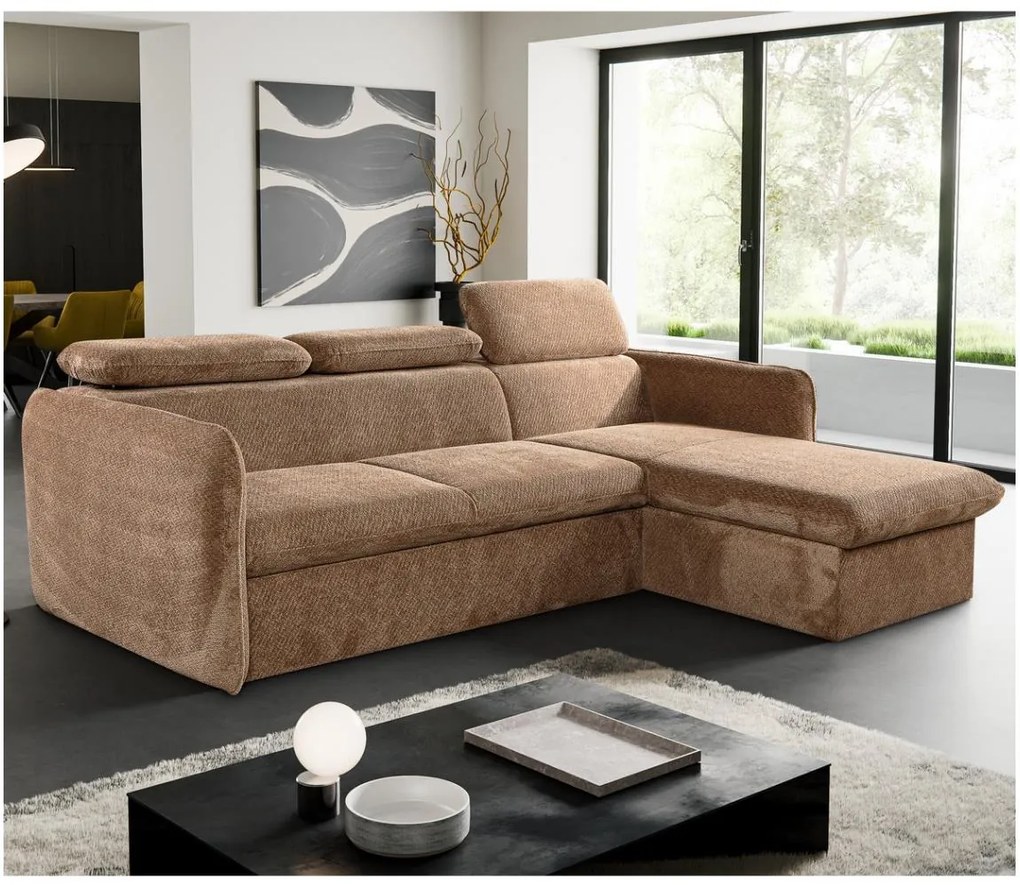 Rozkladacia rohová sedacia súprava do L BEJA, béžová, pravá, s úložným priestoro