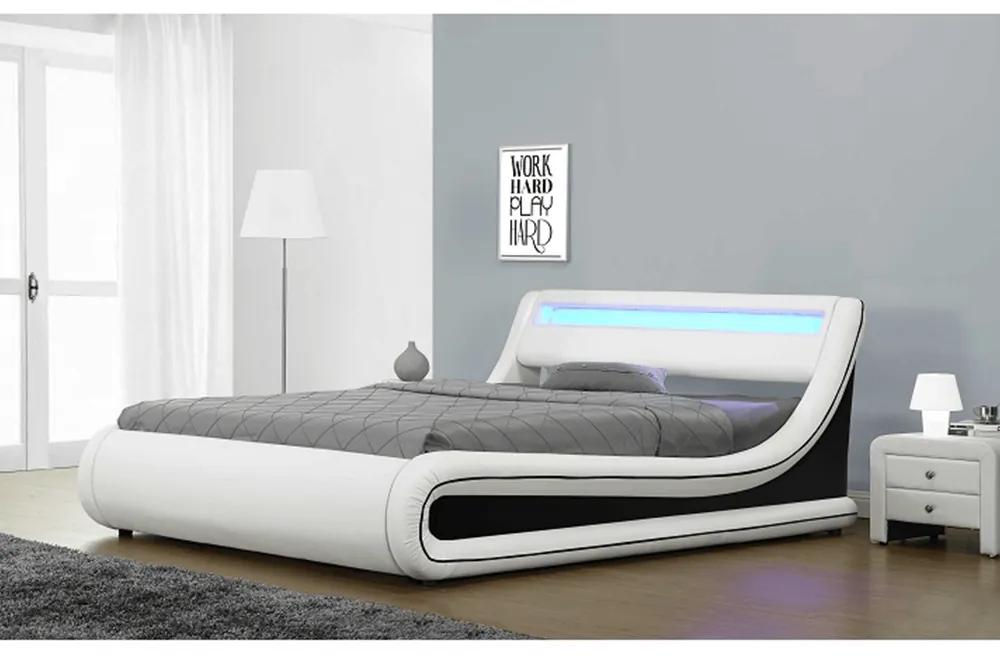 Kondela Manželská posteľ s RGB LED osvetlením, biela/čierna, 160x200, MANILA NEW