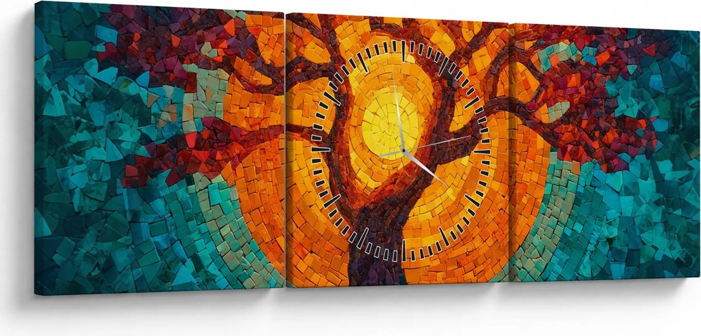Obraz - Strom života a slnko v mozaike (s hodinami) (90x30 cm)