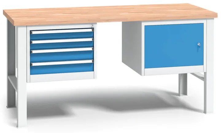 Výškovo nastaviteľný pracovný stôl do dielne WL so závesným boxom a skrinkou na náradie, buková škárovka, 4 zásuvky, 1700 x 685 x 840 - 1050 mm