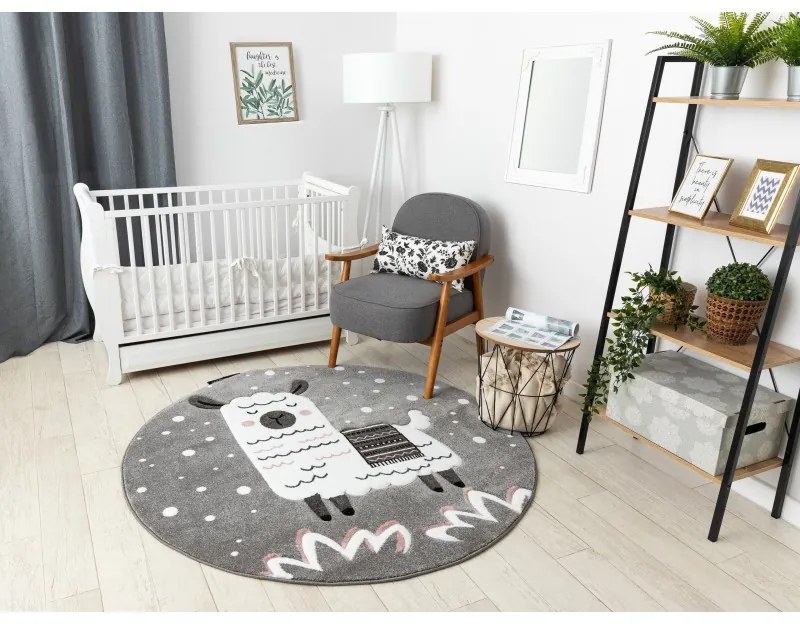 Dywany Łuszczów, Detský kusový koberec Petit Lama grey kruh, 140x140 (priemer) kruh, šedá, detská izba