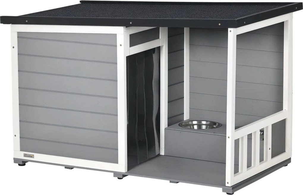 PawHut Exteriérový Psí Domček, Drevo s 2 Miskami, Terasa, Vodotesná Psia Jaskyňa s Šikmou Strechou pre Malých Psov, Šedá, 103 x 62 x 60-66 cm | Aosom