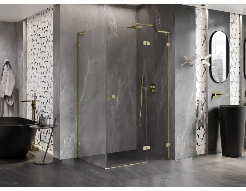 Mexen Lunar, L pravý výklopný sprchový kút 75 x 70 cm, 8mm číre sklo, zlatý kartáčovaný - 834L-075-070-55-00-P