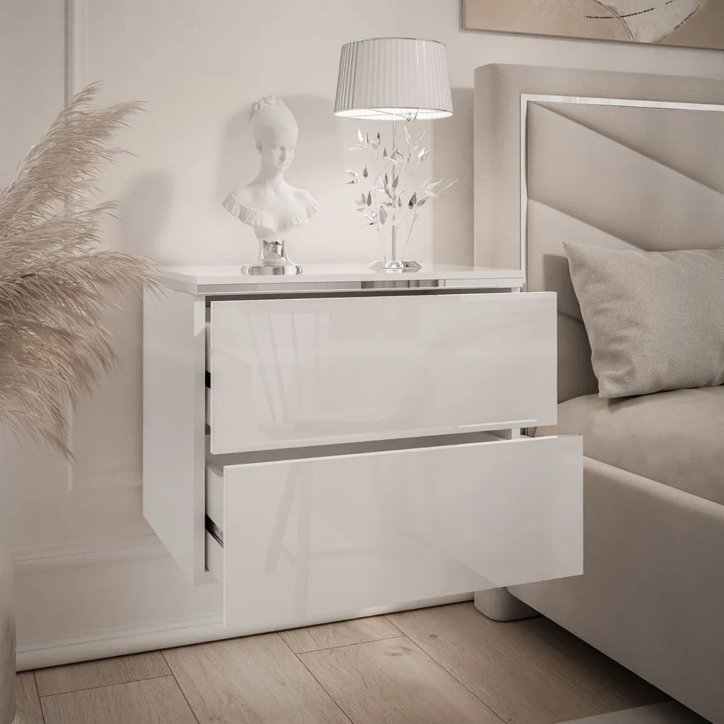 ZÁVESNÝ NOČNÝ STOLÍK NESSIE 2 BIELY LESK + STRIEBORNÝ LED