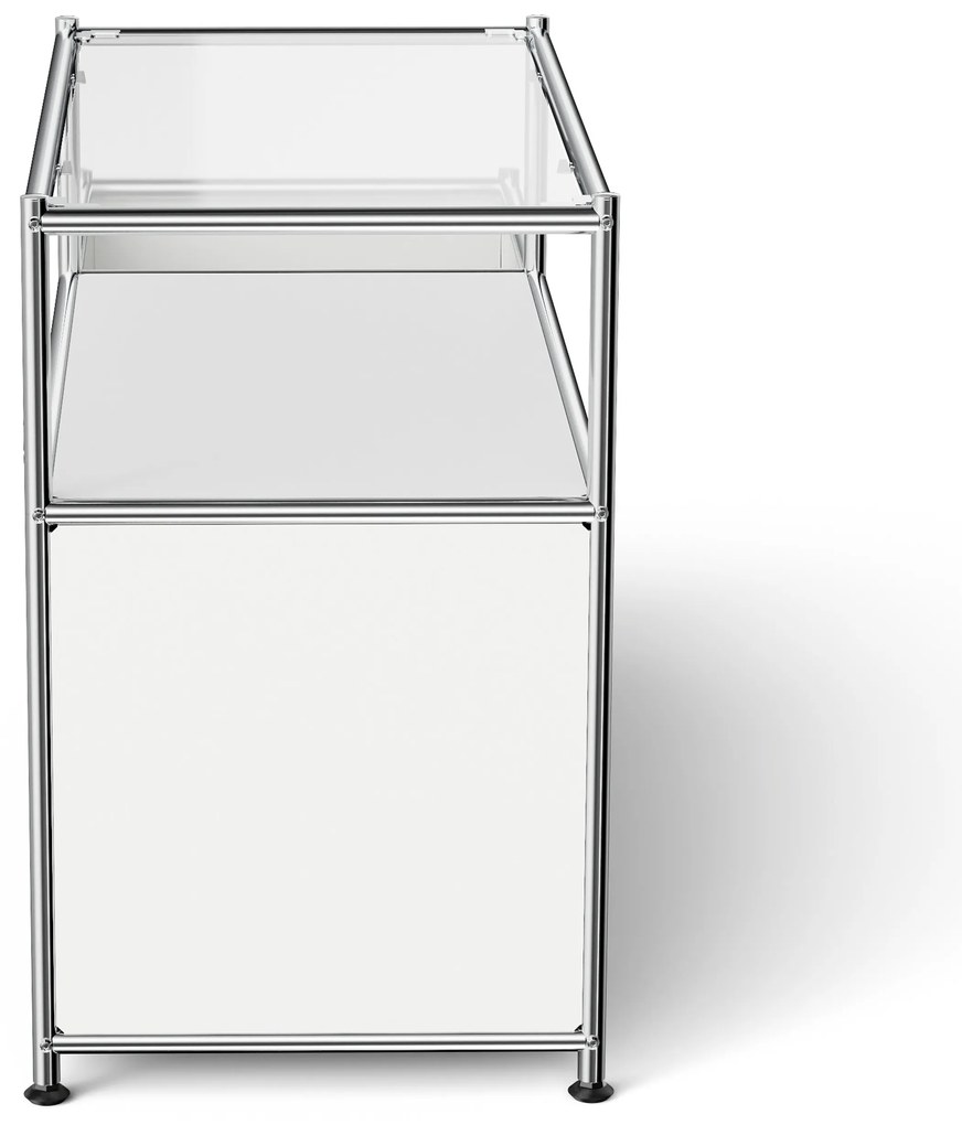 Kovová nízka skrinka »CN3« s výklopným priečinkom a sklenenou doskou, biela