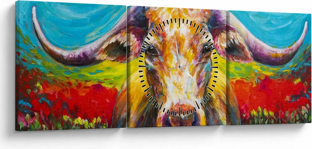 Obraz - Maľovaná krava (s hodinami) (90x30 cm)