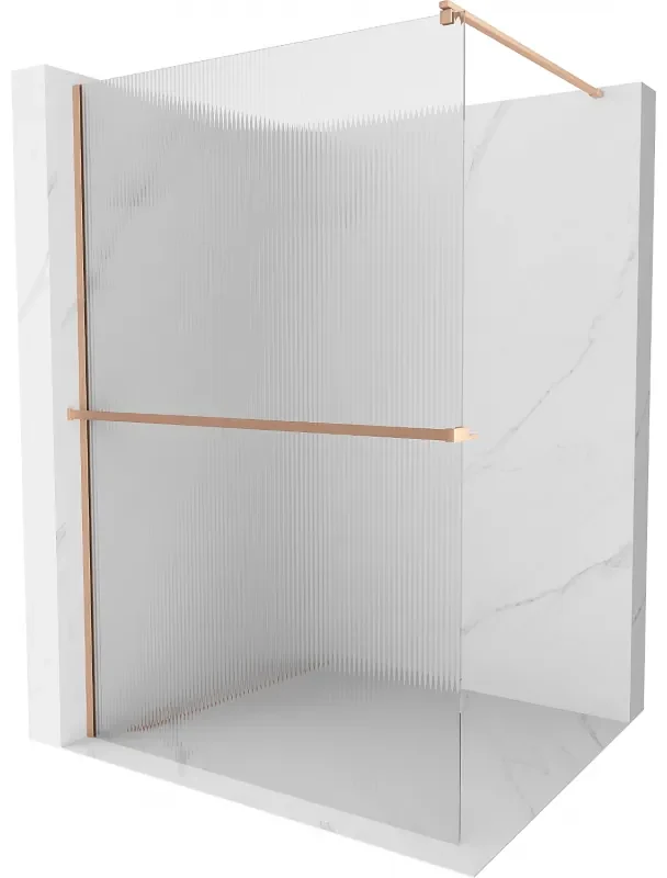 Mexen Kioto+, sprchová zástena Walk-In s poličkou a vešiakom 70 x 200 cm, 8mm sklo s rebrovým vzorom, medený matný profil, 800-070-121-65-09