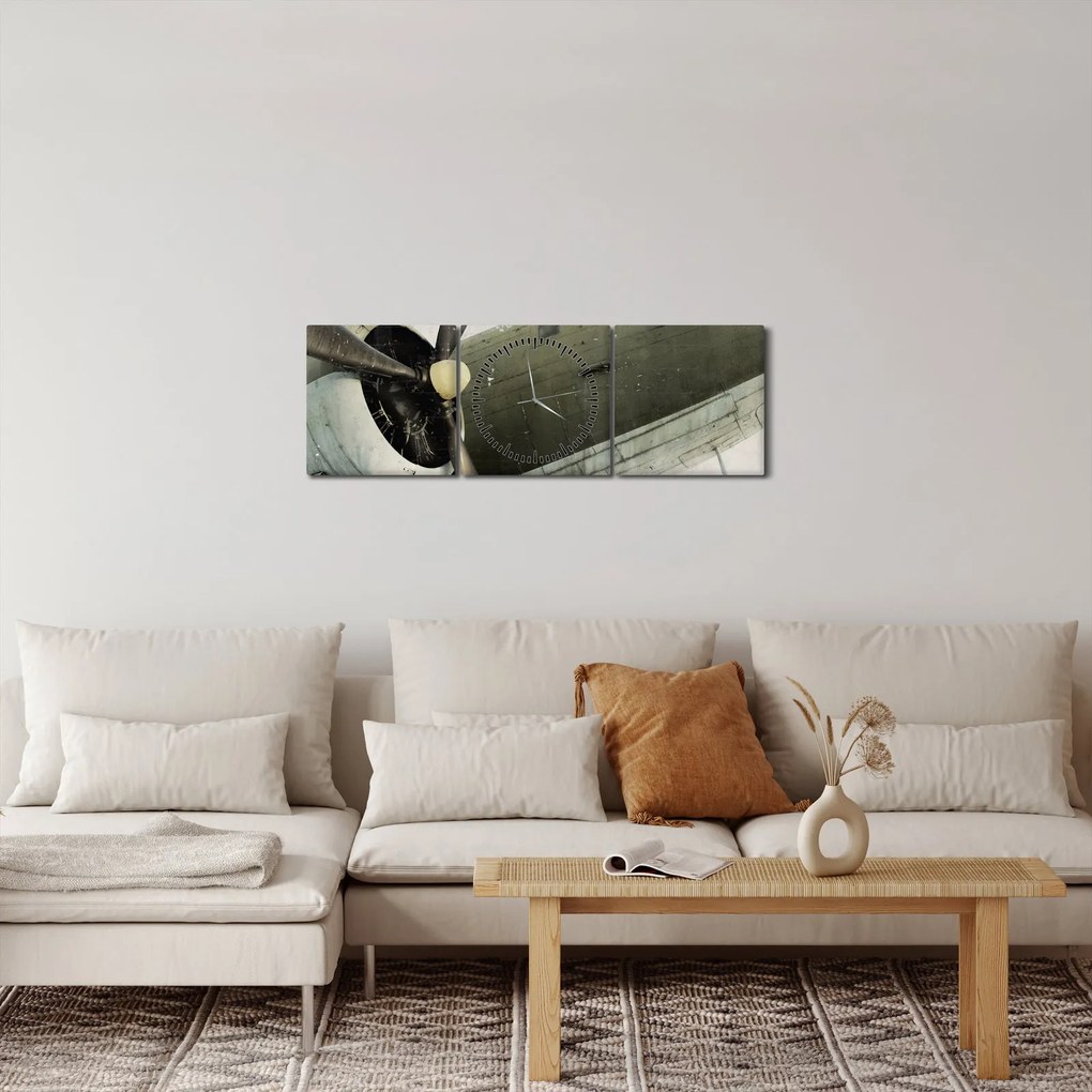 Obraz - Staré vrtuľové lietadlo (s hodinami) (90x30 cm)
