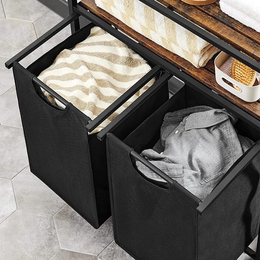 Kôš na bielizeň, s 2 vyťahovacími a odnímateľnými vakmi 2x46 L, rustikálne hnedý a čierny