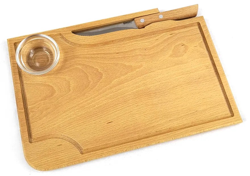 AMADEA Drevená doštička na steak s nožom a miskou, masívne drevo, 30x20x1, 5 cm