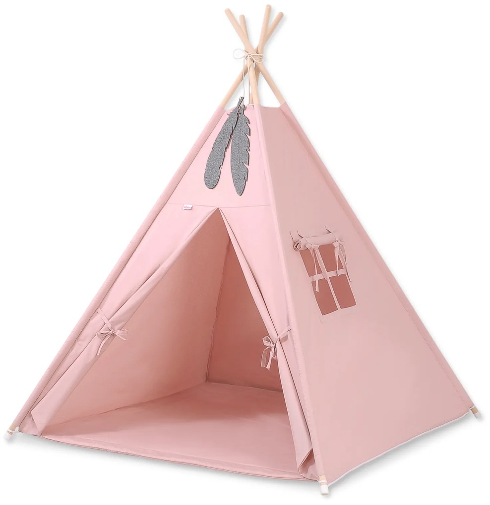 Bobono Stan Teepee pre deti + podložka na hranie + ozdobné pierka - pastelovo ružová