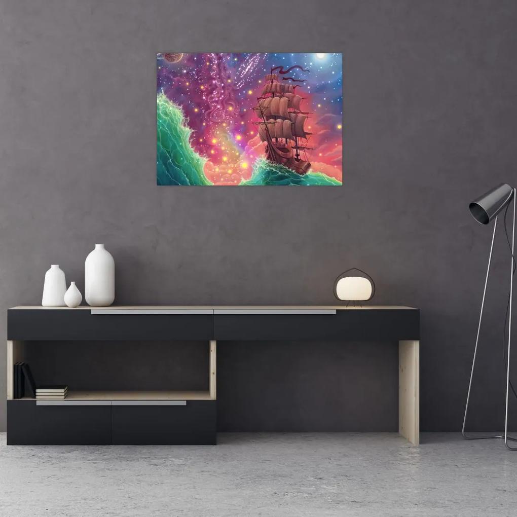Sklenený obraz - Loď s vesmírnou oblohou (70x50 cm)