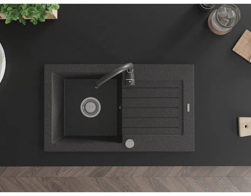 Mexen Pablo, 1-komorový granitový drez s odkvapkávačom 75x44 cm a kuchynskou batériou Telma, čierna-škvrnitá, 6510-76-670200-76