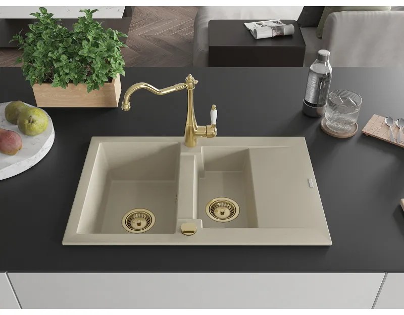 Mexen Gaspar, granitový drez 752x436x161 mm, 1,5-komorový a drezová batéria Carla, béžová, 6507-69-670700-50