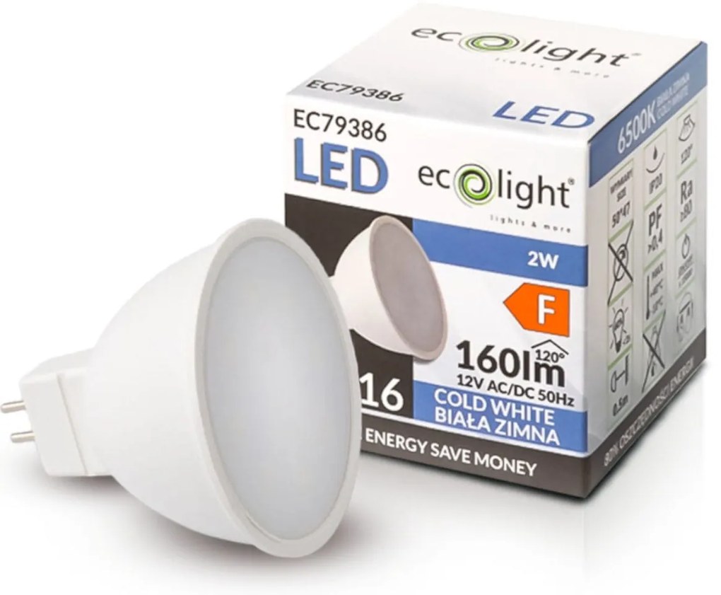 ECOLIGHT LED žiarovka MR16 12V 2W studená biela