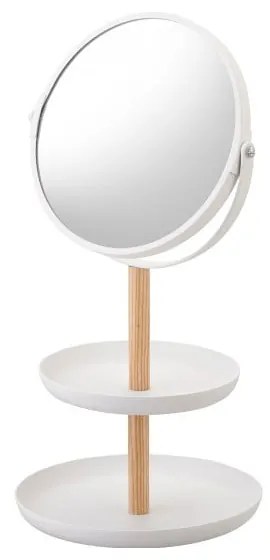 Biele zrkadlo s úložnými miskami a detailom z bukového dreva YAMAZAKI Tosca