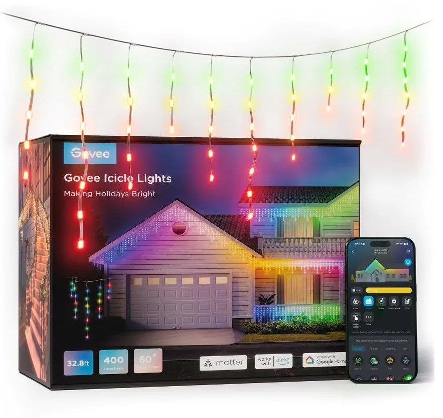 Govee - LED RGBIC Vonkajšia reťaz Smart cencúle 10m Wi-Fi Matter IP65