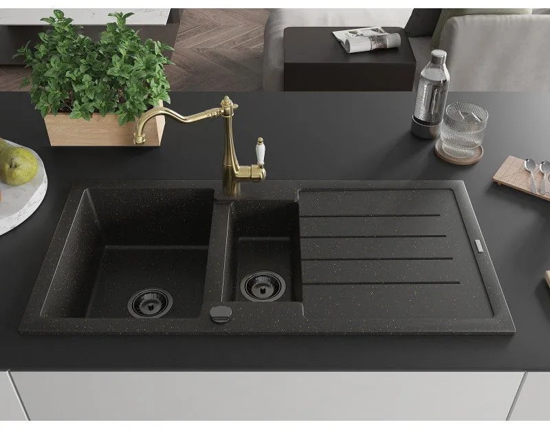 Mexen Andres, granitový drez 1000x500x200 mm, 1,5-komorový a drezová batéria Carla, čierna-zlatá metalíza, 6515-75-670700-50-B
