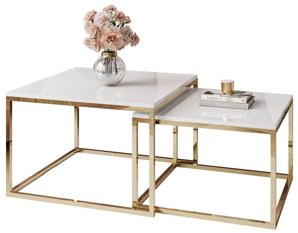 Dizajnový konferenčný stolík Felix 2v1 biely lesk + zlatá podnož