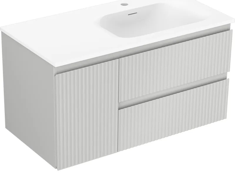 Mexen Rivel, kúpeľňová skrinka 90 cm s pravým umývadlom Vela, 2S, 1D, drážkovaná, sivá matná/biela matná - 91A23-09047-3-BBFFF62-W23P01