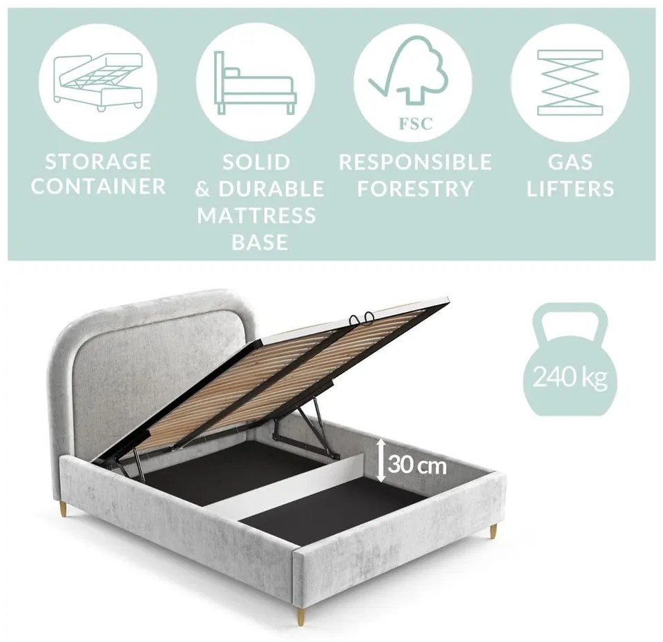 Svetlosivá čalúnená dvojlôžková posteľ s úložným priestorom s roštom 140x200 cm Mija – Maison de Rêve