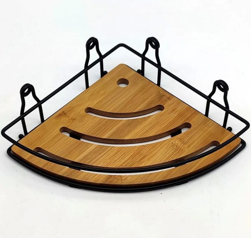 Rohová kúpeľňová polica, čierno-bambusová