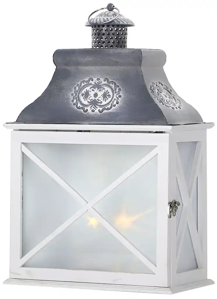 Drevený lampáš s plechovou strieškou s LED osvetlením MSL2129STAR - biely  (30,8x18x50cm) - vidiecky štýl | Biano