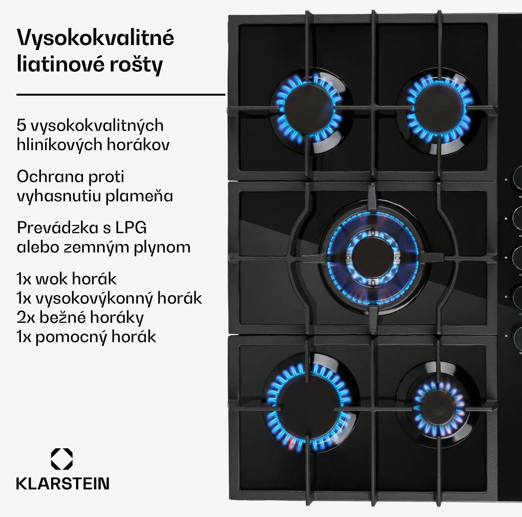 Klarstein Ignito 5, plynová varná doska, 5 Sabaf horákov, sklokeramika, čierna